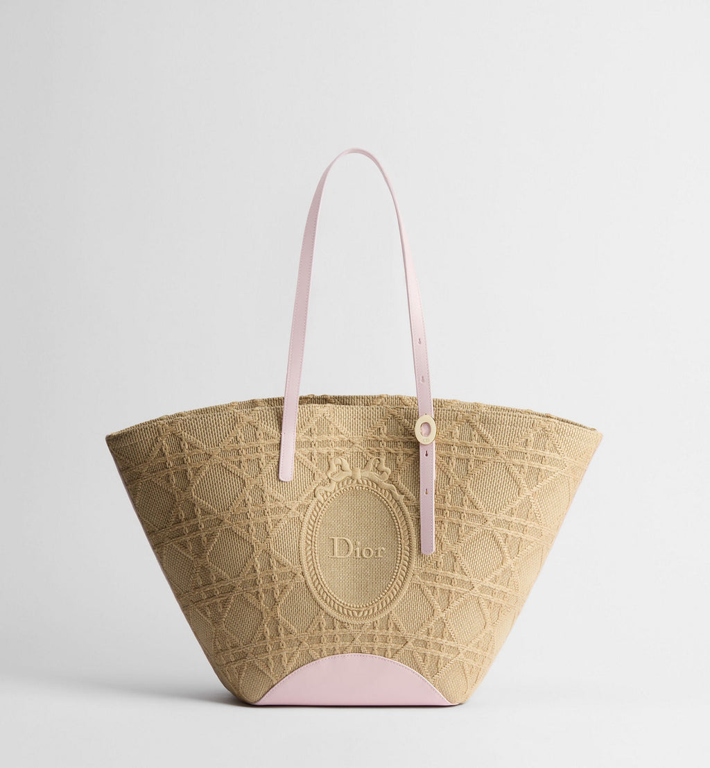 Women's Medium Dior Blooming Bag With Rose Tendre Pink Raffia-Effect Cannage And Strap