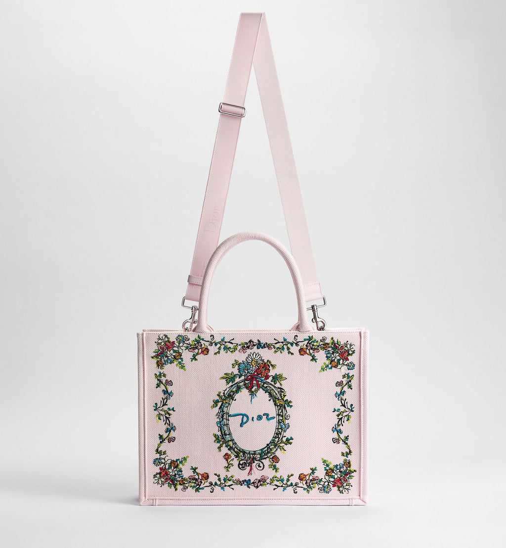 Medium Dior Book Tote With Pink Multicolor Dior Arabesque Embroidery And Strap