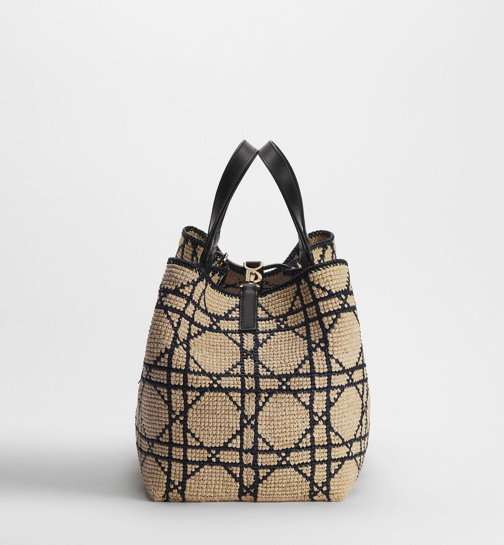 Large Toujours Bag With Natural and Black Macrocannage Raffia and Black Calfskin