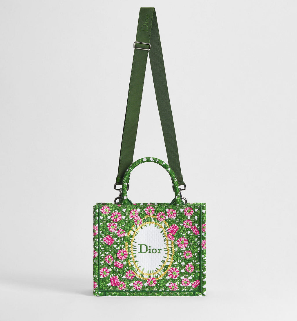 Women's Small Book Tote With Multicolor Cannage Garden Embroidery And Strap