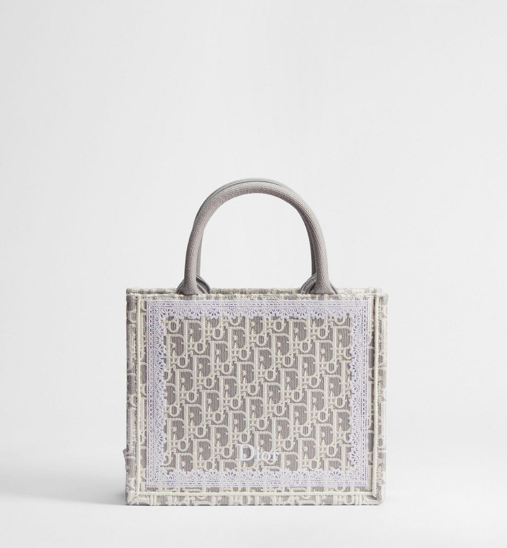 Women's Small Book Tote With Strap In Latte And Gray Oblique Embroidery And White Lace