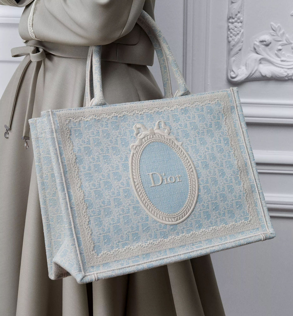 Women's Medium Book Tote With Céleste Blue Washed Embroidery And Shoulder Strap