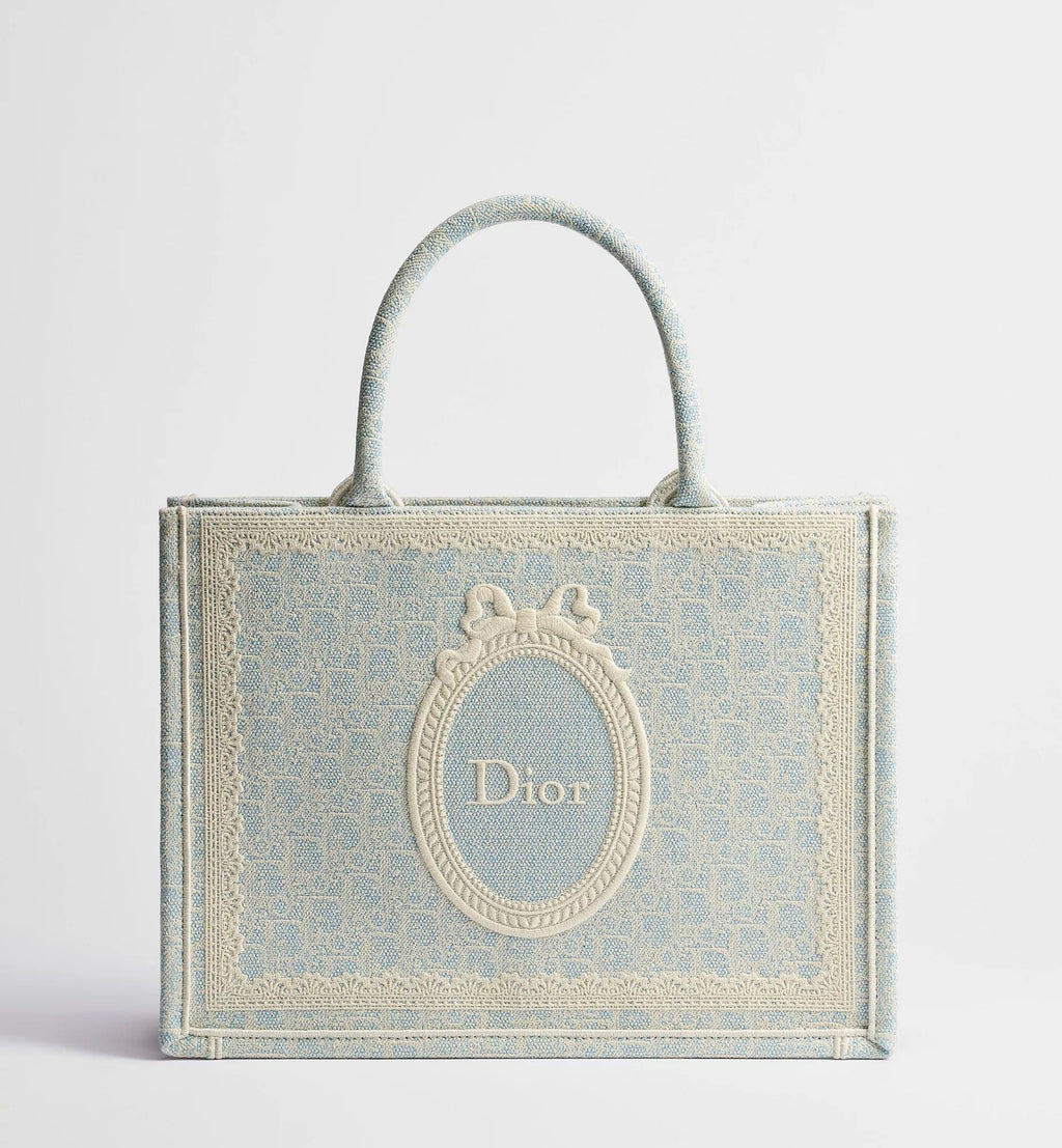 Women's Medium Book Tote With Céleste Blue Washed Embroidery And Shoulder Strap