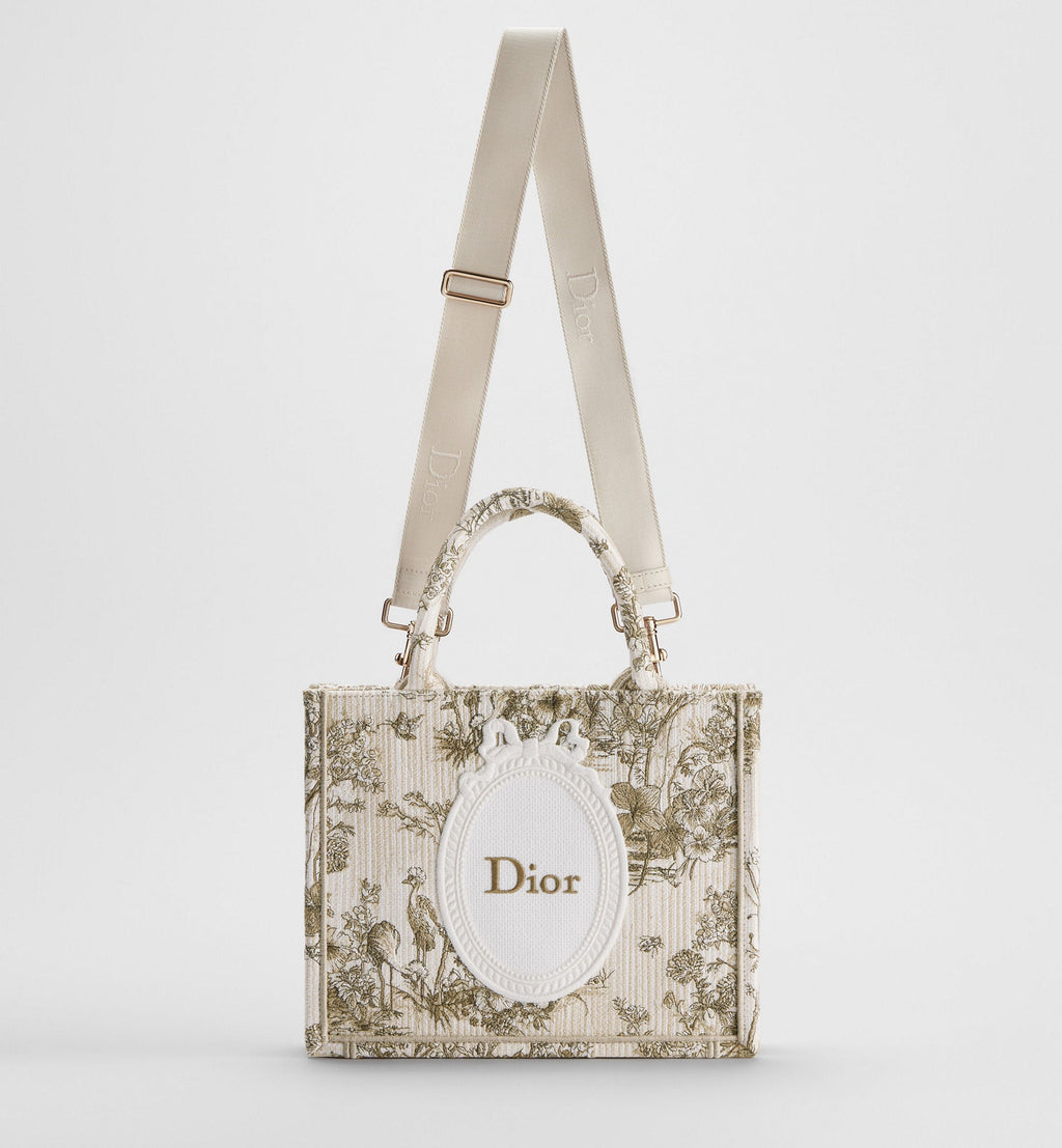 Women's Small Book Tote With Beige Multicolor Toile De Jouy Floral Garden Embroidery And Strap