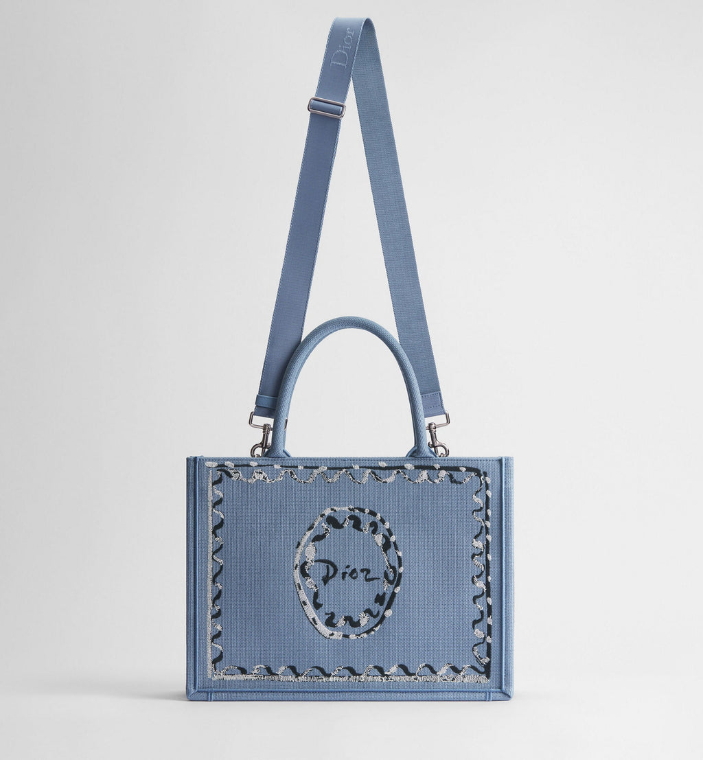 Women's Medium Book Tote With Blue-Greige Painted Ribbon And Shoulder Strap