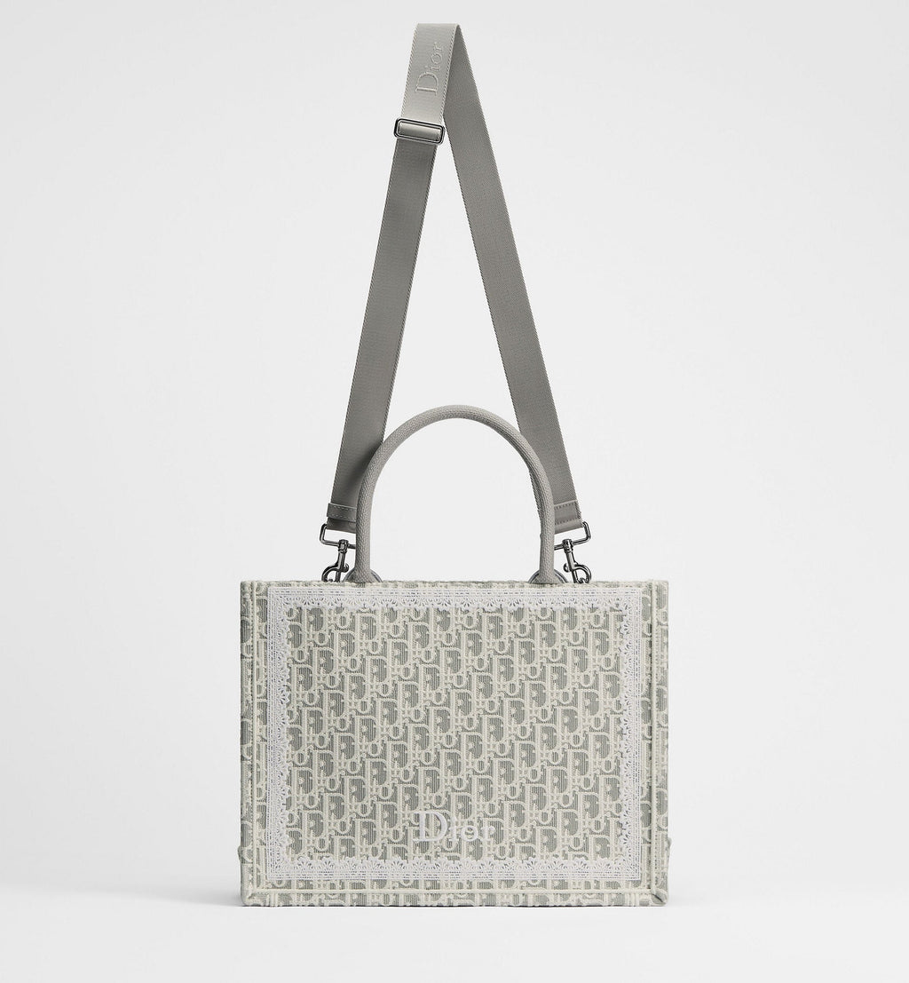Women's Med Book Tote With Latte & Gray Oblique Embroidery & White Lace & Strap