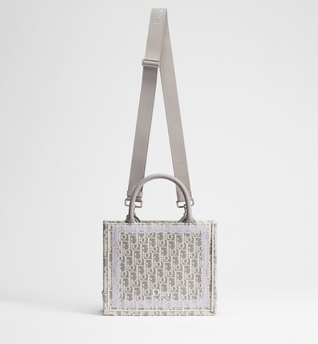 Women's Small Book Tote With Strap In Latte And Gray Oblique Embroidery And White Lace