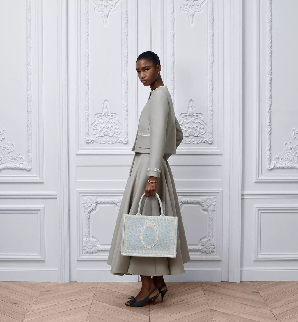 Women's Medium Book Tote With Céleste Blue Washed Embroidery And Shoulder Strap