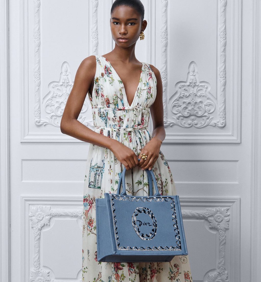 Women's Medium Book Tote With Blue-Greige Painted Ribbon And Shoulder Strap