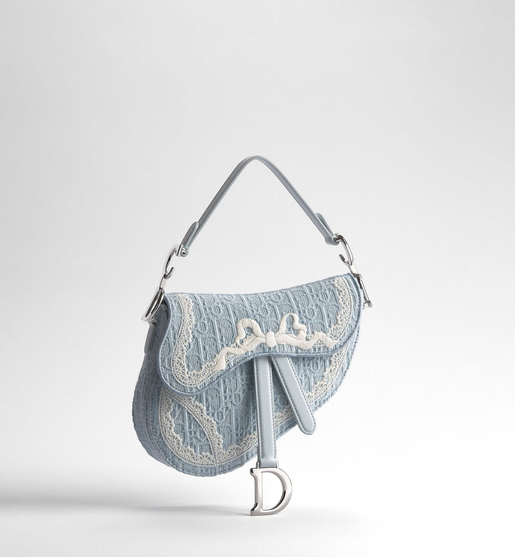 Women's Small Saddle Bag With Céleste Blue Oblique Embroidery And White Lace And Strap