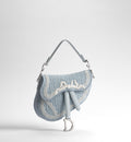 Women's Small Saddle Bag With Céleste Blue Oblique Embroidery And White Lace And Strap