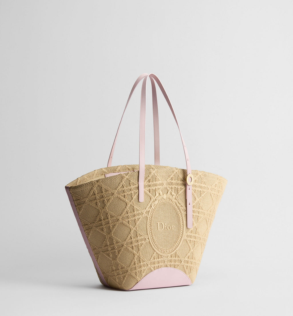 Women's Medium Dior Blooming Bag With Rose Tendre Pink Raffia-Effect Cannage And Strap