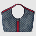 Large Tote Bag With Web GG Denim Detachable Pouch