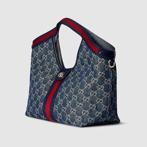 Small Tote Bag With Web GG Denim Detachable Pouch