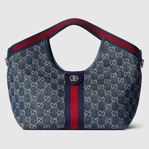 Small Tote Bag With Web GG Denim Detachable Pouch