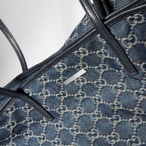 Large Tote Bag With GG Denim And Logo Plaque