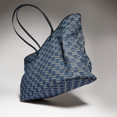 Large Tote Bag With GG Denim And Logo Plaque
