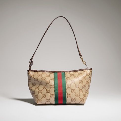 Small Pouch With Strap And Web GG Coated Canvas