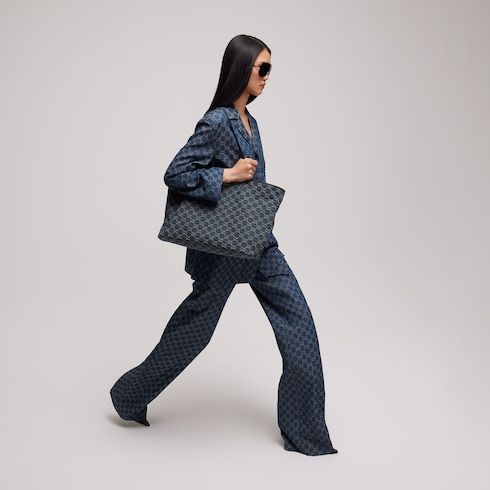 Large Tote Bag With GG Denim And Logo Plaque