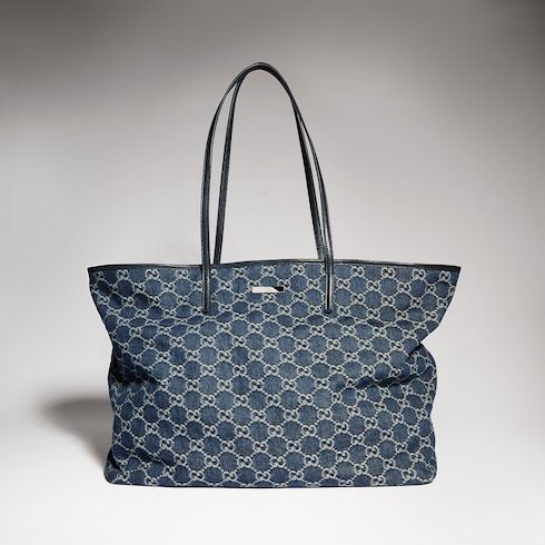 Large Tote Bag With GG Denim And Logo Plaque