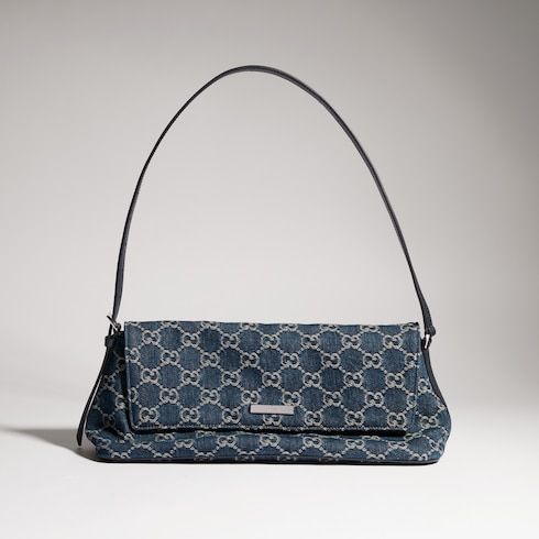Women's Madison Medium Shoulder Bag With GG Denim And Logo Plaque
