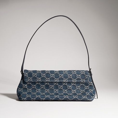 Women's Madison Medium Shoulder Bag With GG Denim And Logo Plaque
