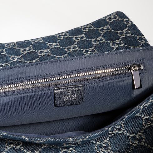 Women's Madison Medium Shoulder Bag With GG Denim And Logo Plaque