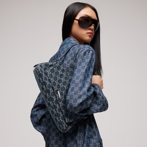 Women's Madison Medium Shoulder Bag With GG Denim And Logo Plaque