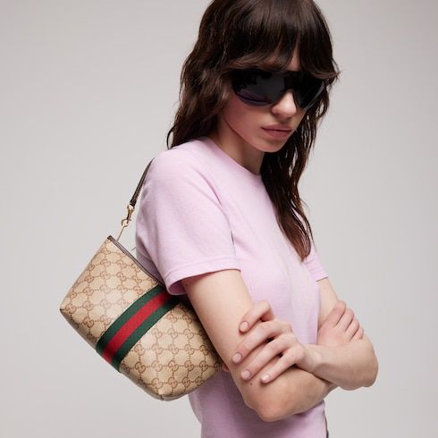 Small Pouch With Strap And Web GG Coated Canvas