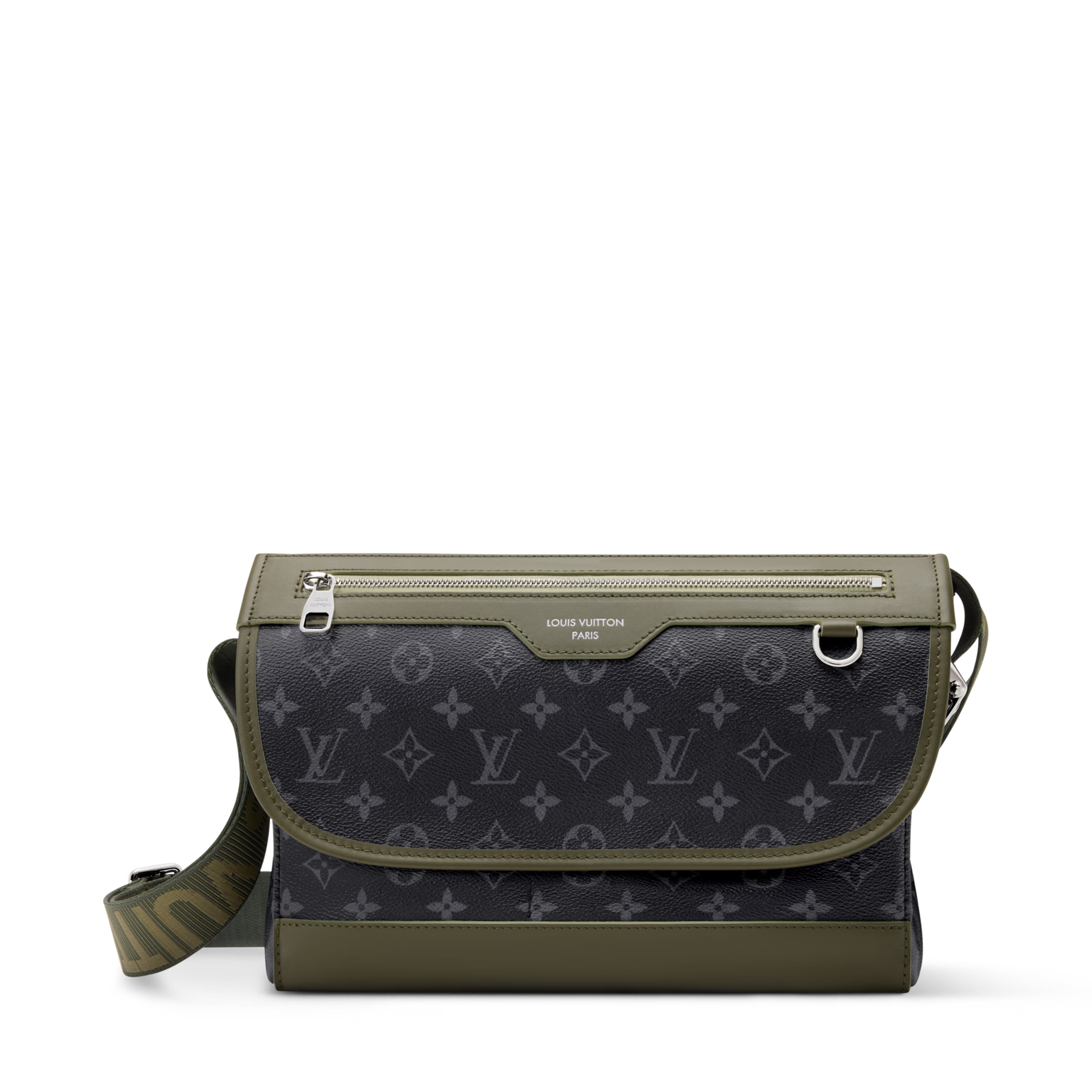 Courrier Messenger Monogram Eclipse Khaki Green Cowhide Palladium-Tone Brass
