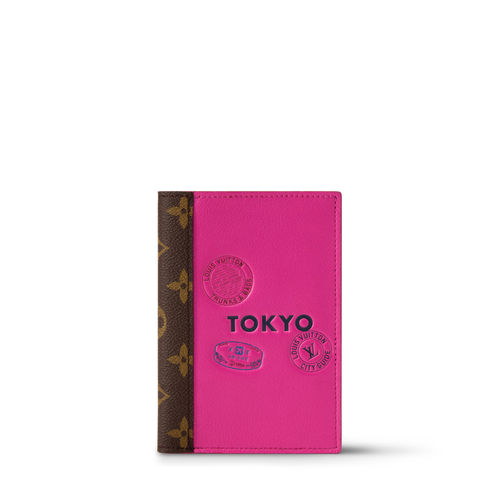 Passport Cover Cowhide Leather Pink Tokyo Monogram Canvas Trim