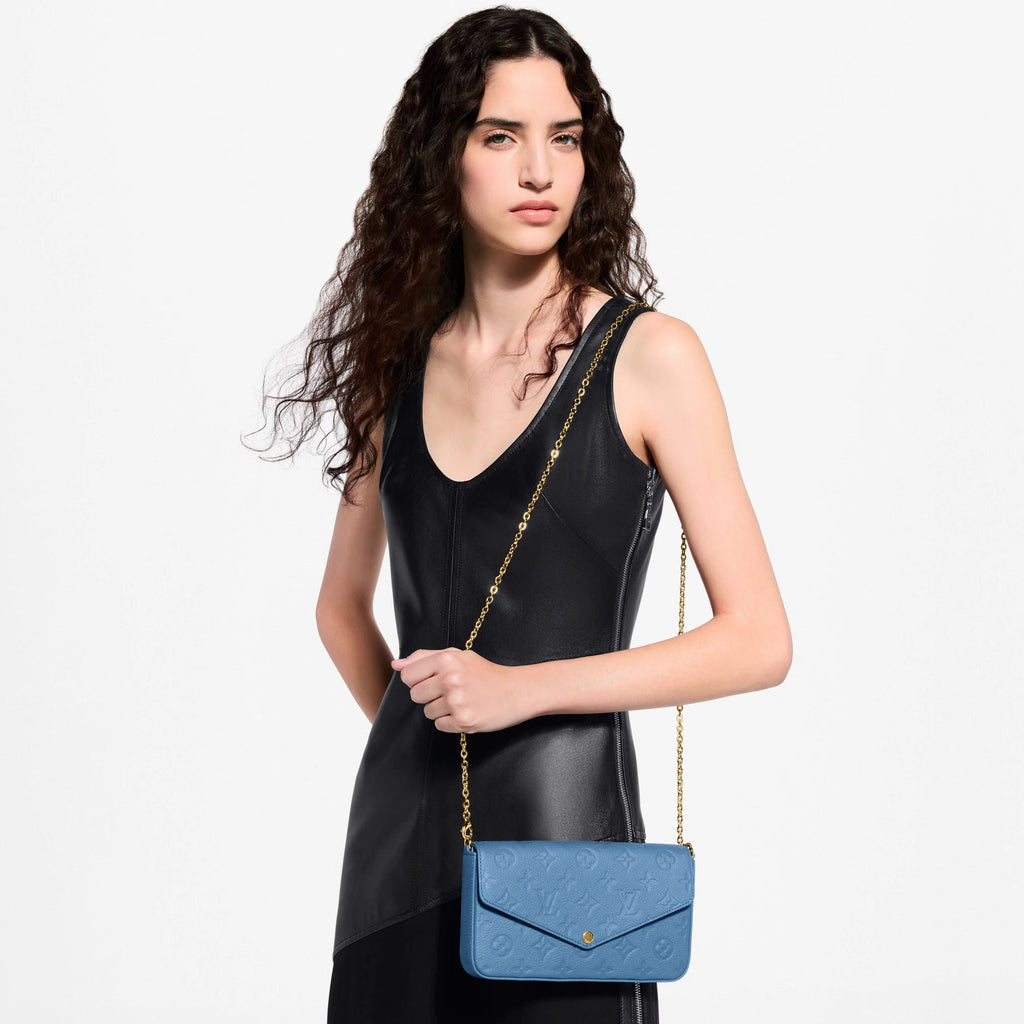 Pochette Félicie Monogram Empreinte Leather Blue Jean Gold-Toned Hardware