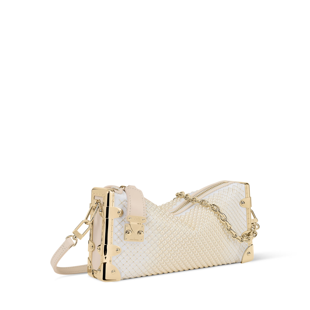 Slim Trunk Cream Satin Pearl Embellishment Gold-Toned Hardware
