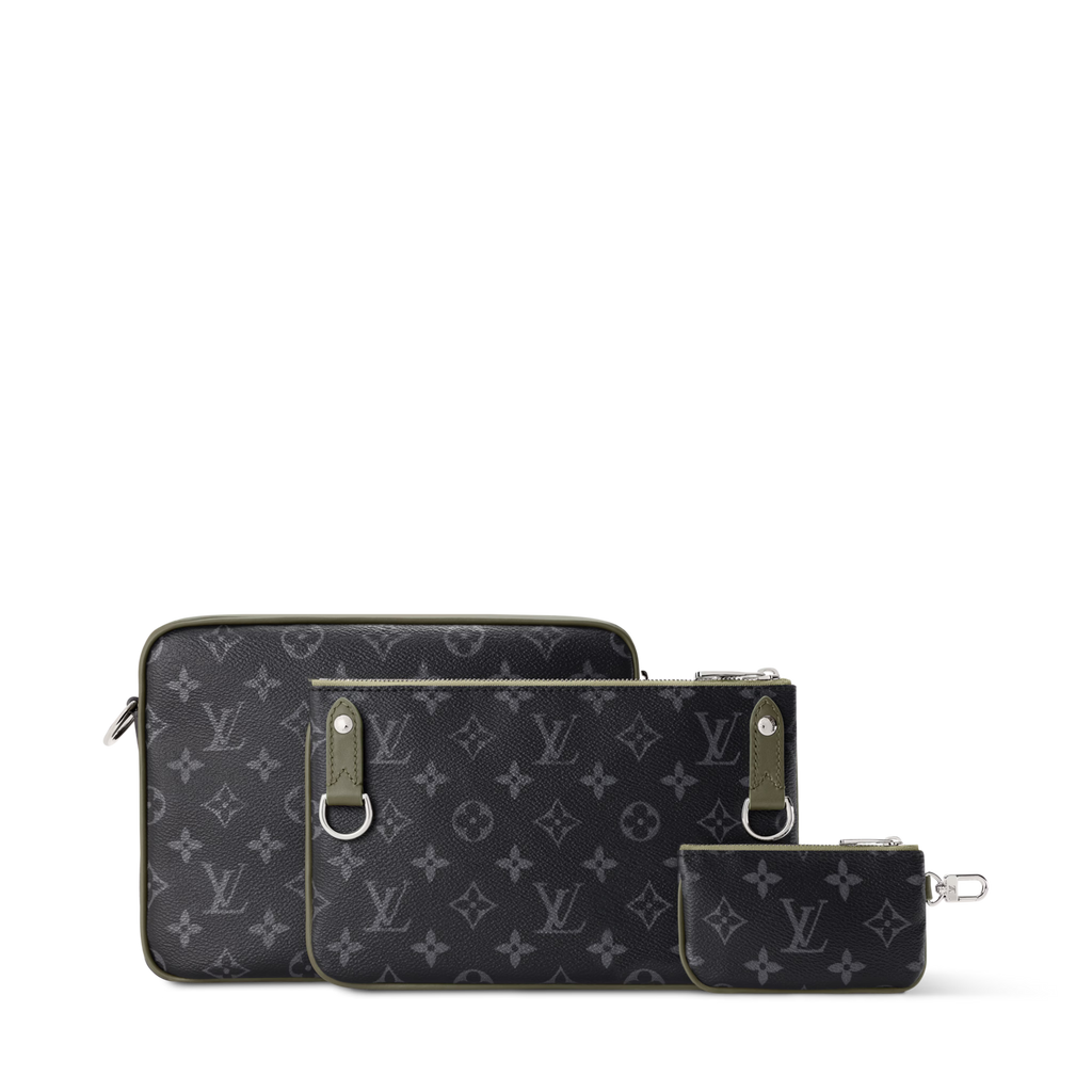 Trio Messenger Monogram Eclipse Canvas Khaki Green Ruthenium-Tone Brass Hardware