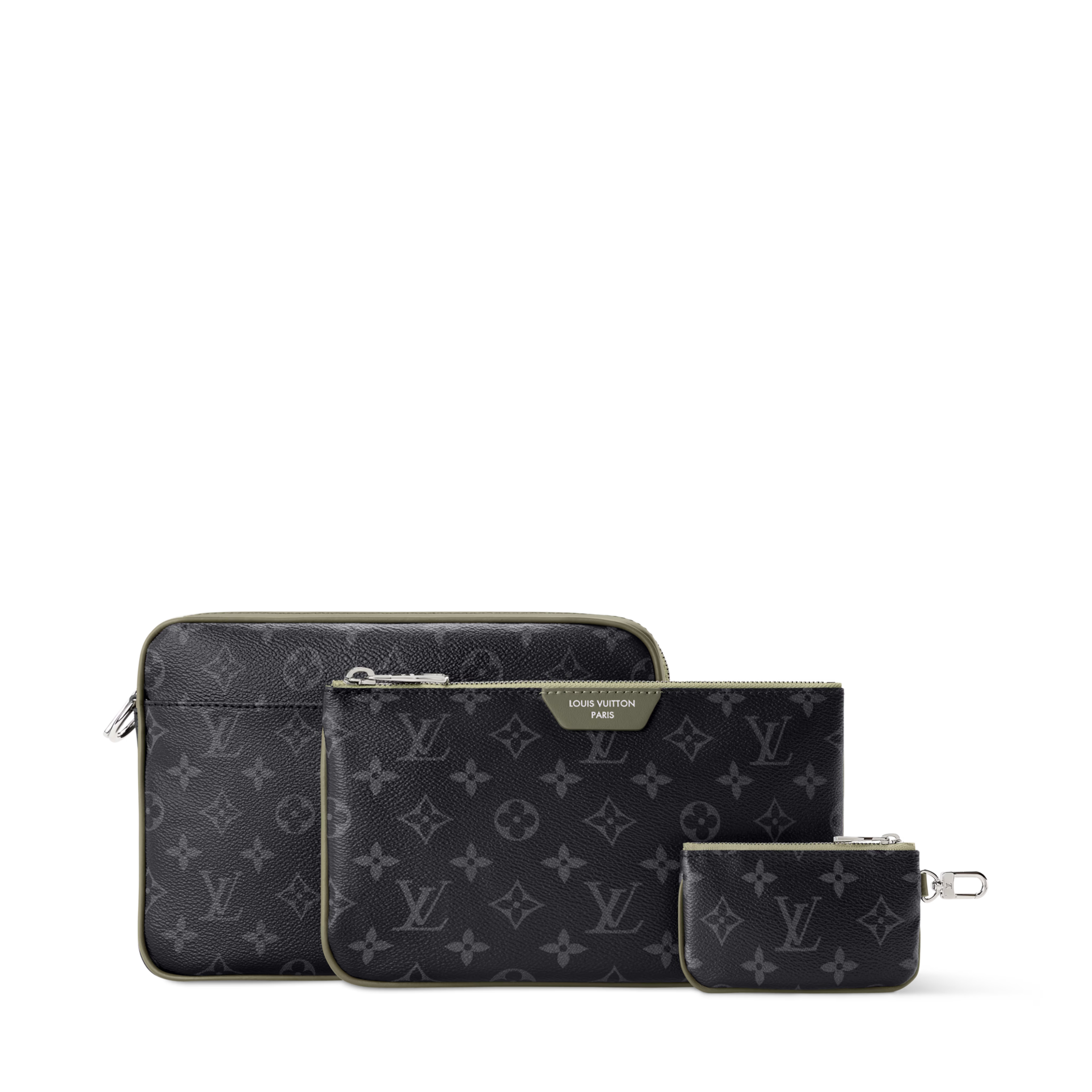 Trio Messenger Monogram Eclipse Canvas Khaki Green Ruthenium-Tone Brass Hardware