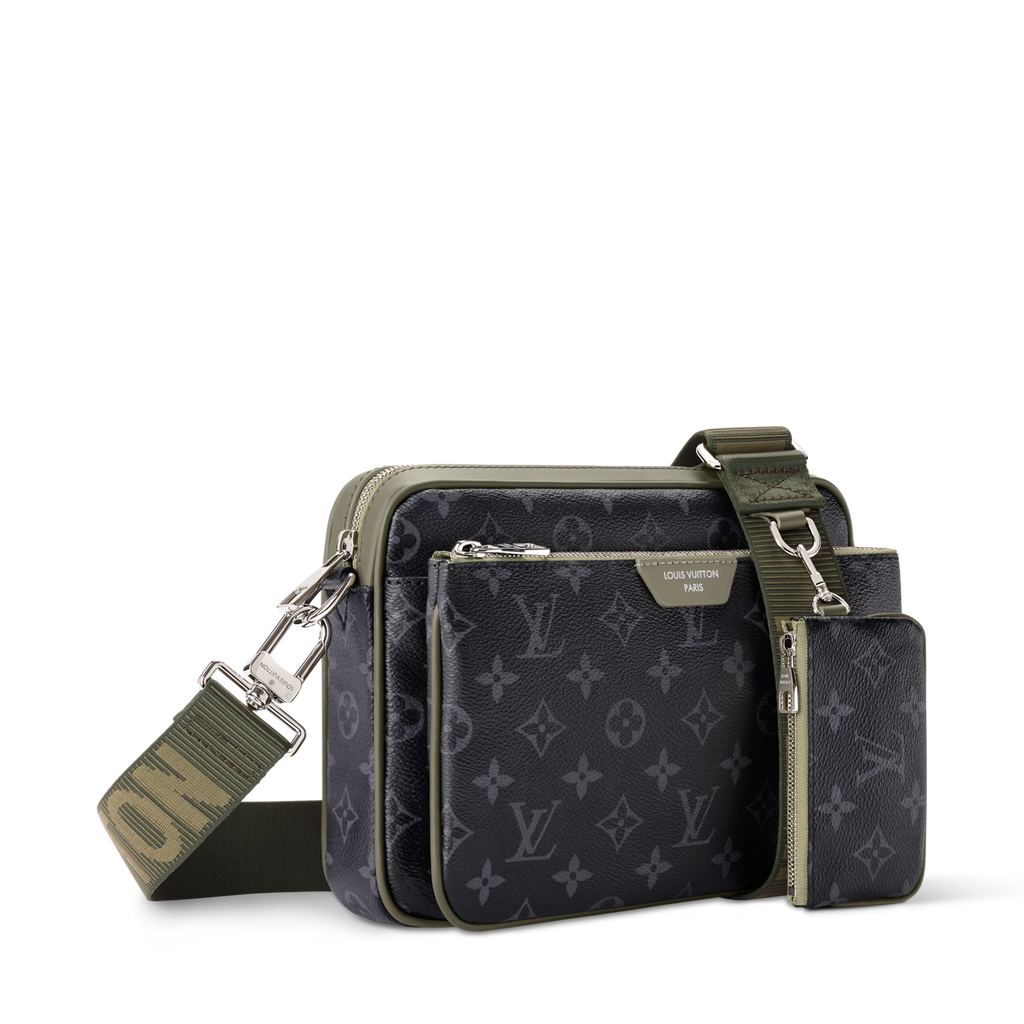 Trio Messenger Monogram Eclipse Canvas Khaki Green Ruthenium-Tone Brass Hardware