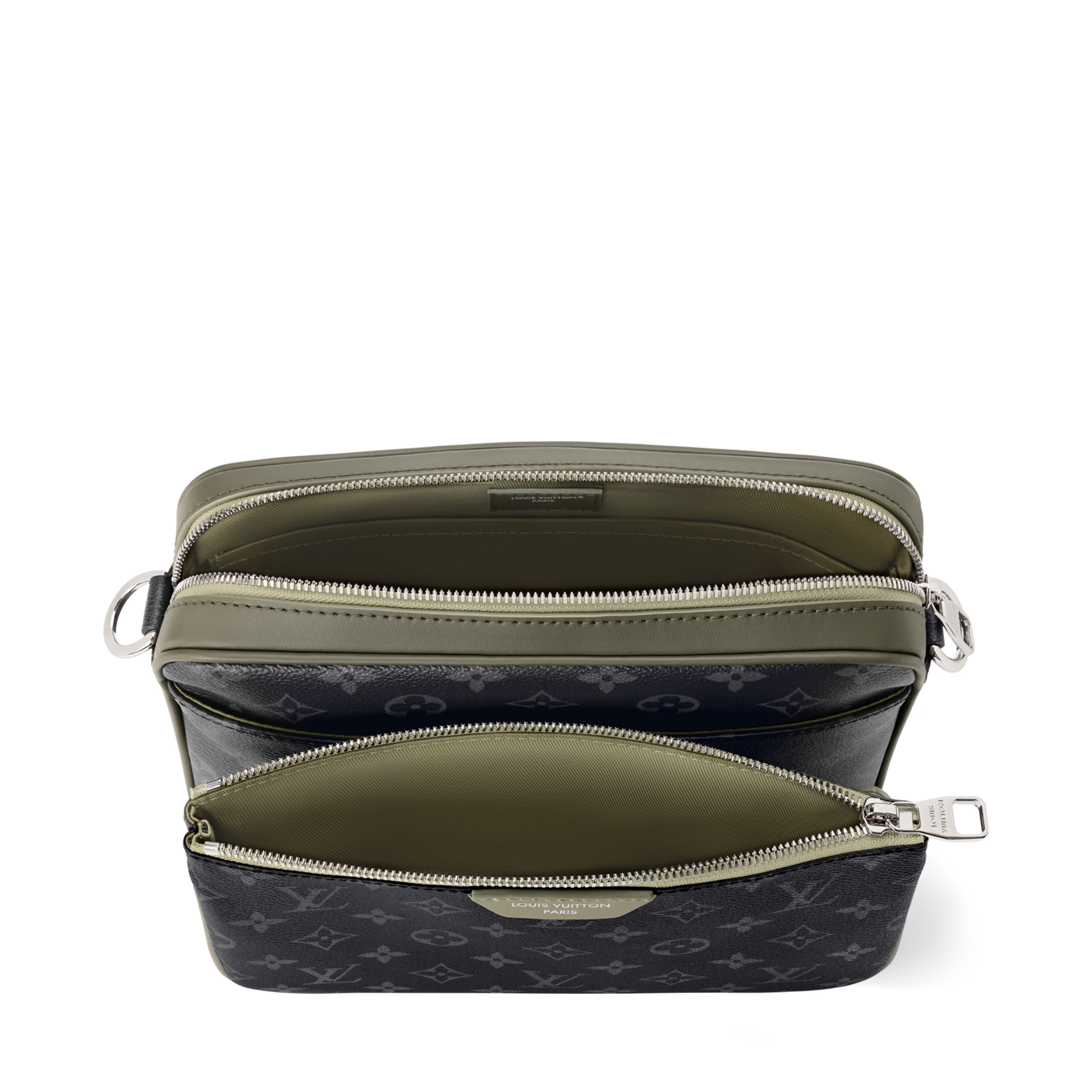 Trio Messenger Monogram Eclipse Canvas Khaki Green Ruthenium-Tone Brass Hardware