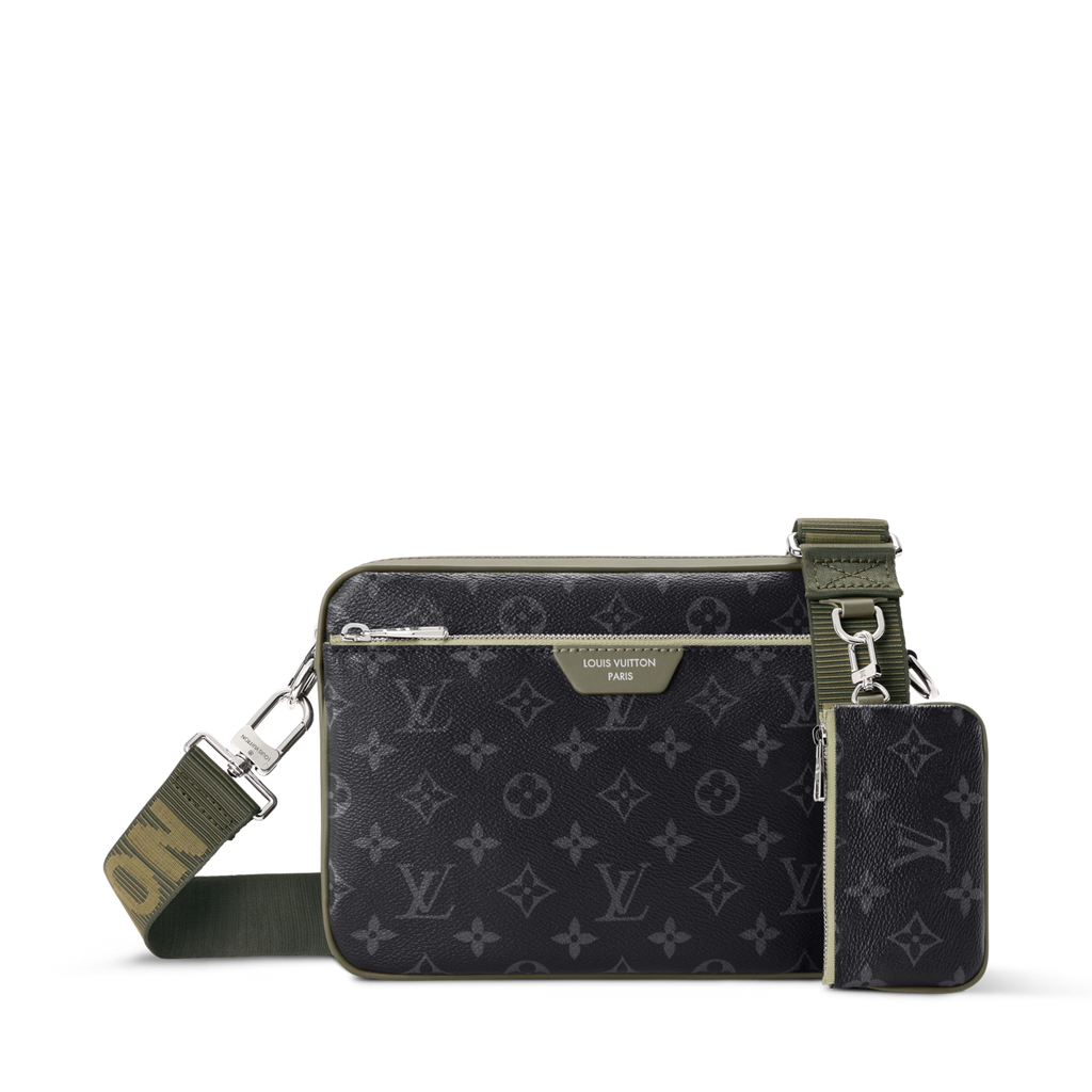 Trio Messenger Monogram Eclipse Canvas Khaki Green Ruthenium-Tone Brass Hardware