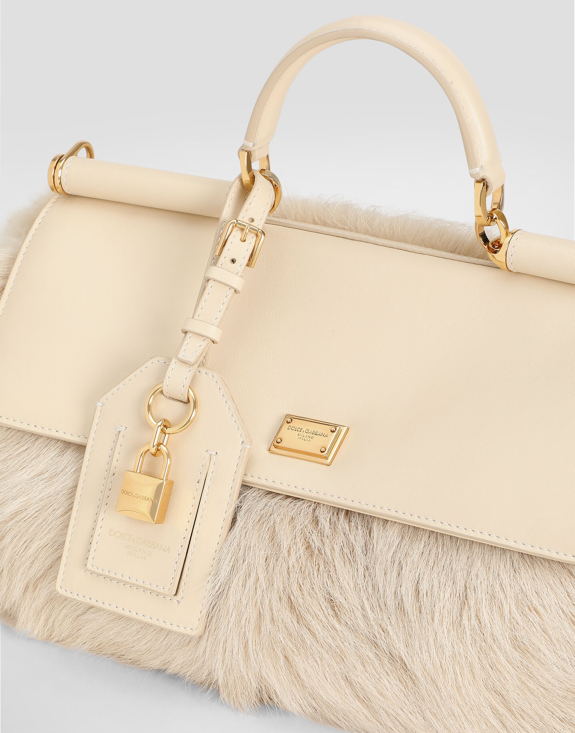 Medium My Sicily Handbag Fur and Plongé Calfskin Beige Vintage Brass Hardware